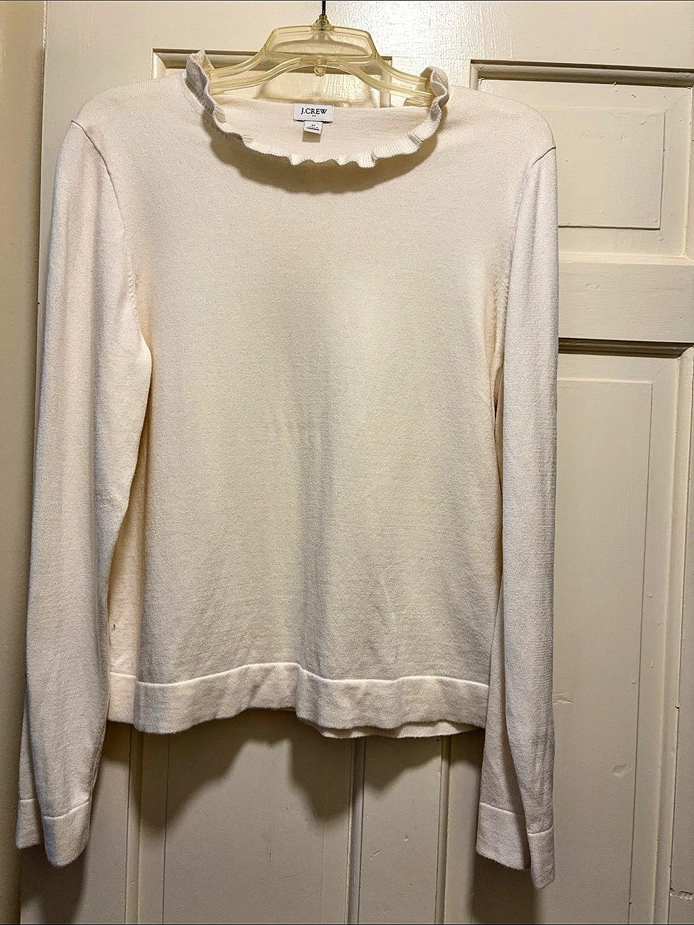 J.Crew Cotton Ruffleneck Sweater Ruffle Neck Sweater in White Like New